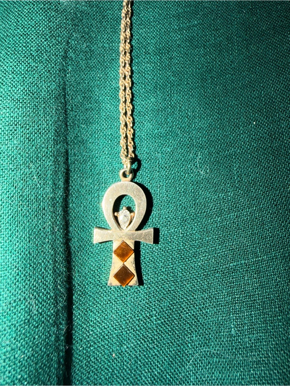 Vintage Pierre Cardin Gold-Tone Ankh Pendant Necklace with Diamond Chip